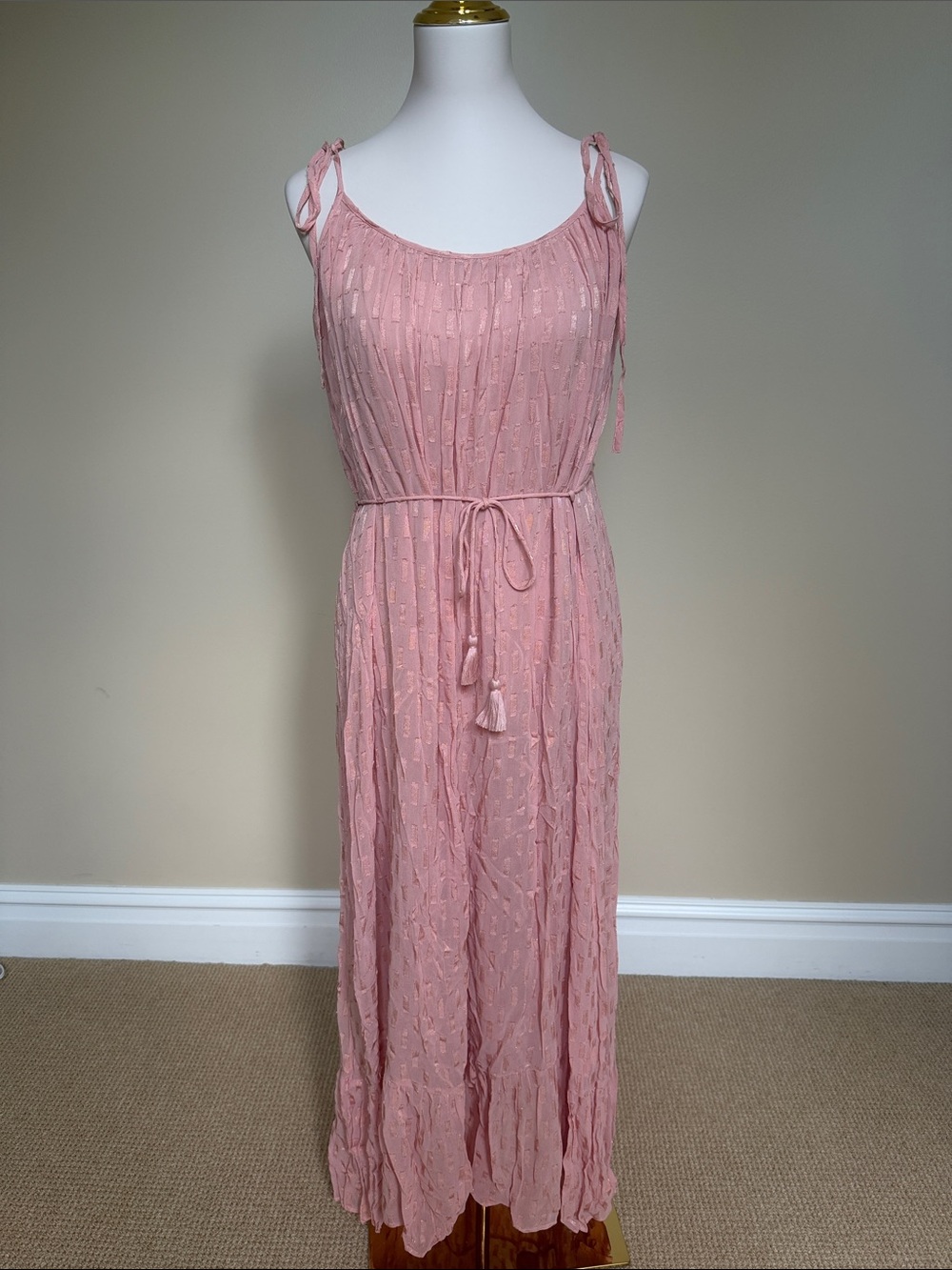 Lovestitch Pink Metallic Textured Tie Strap Maxi Dress S/M Boho